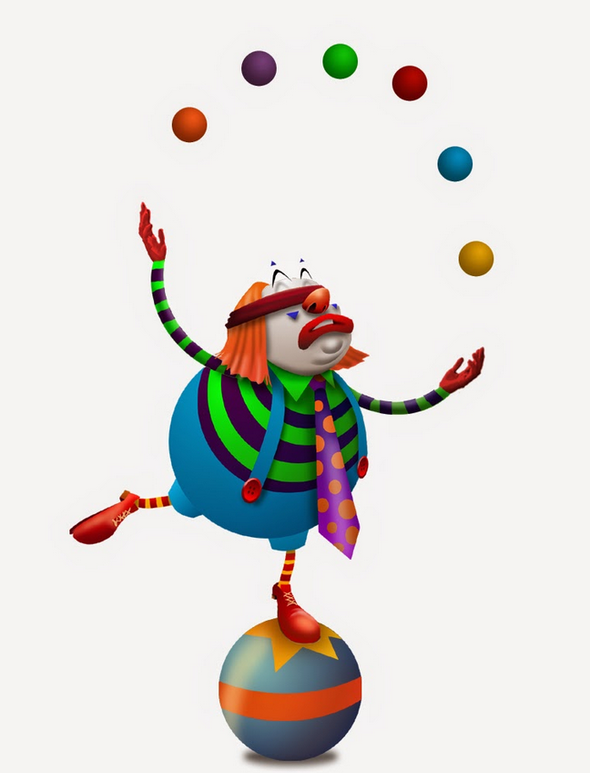 Cartoon juggler balancing on a ball while juggling six colored balls